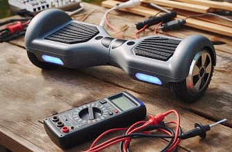 A hoverboard and a multimeter on a workbench testing the hoverboards battery