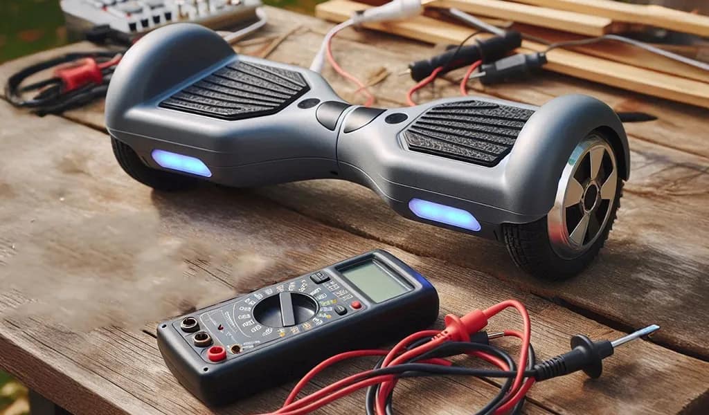 A hoverboard and a multimeter on a workbench testing the hoverboards battery