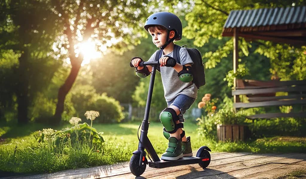 A child with full protective gear including helmet riding an electric scooter