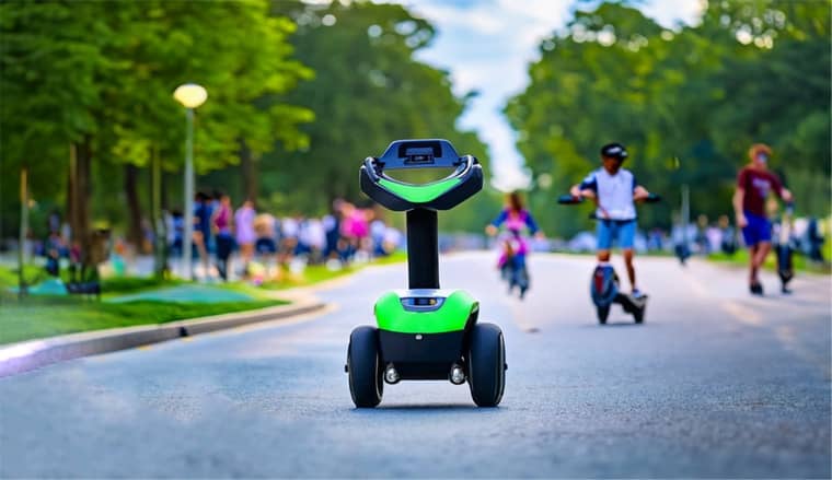 The segway abandoned in the middle of a park road with electric scooters and bikers riding around it.