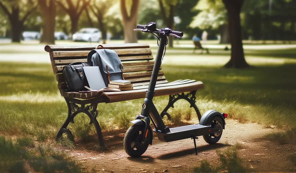 Electric scooter with college school books and a laptop