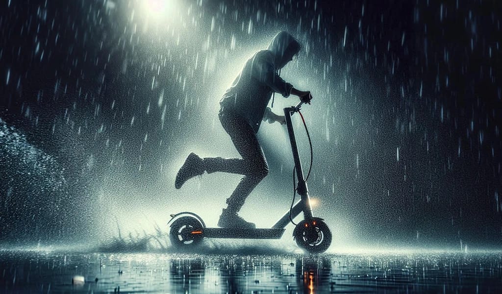 Electric scooter rider going through snow/rain