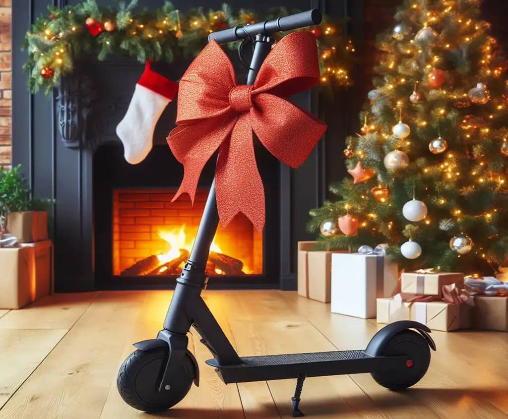 An electric scooter christmas gift, standing in a cozy christmas room with a bow-tie on its stem